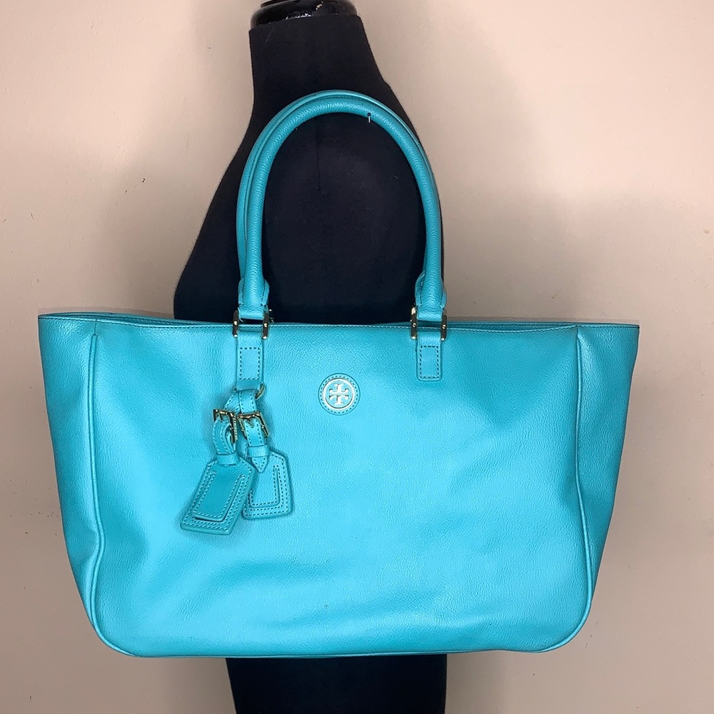 Tory Burch Turquoise/Gold Leather Tote